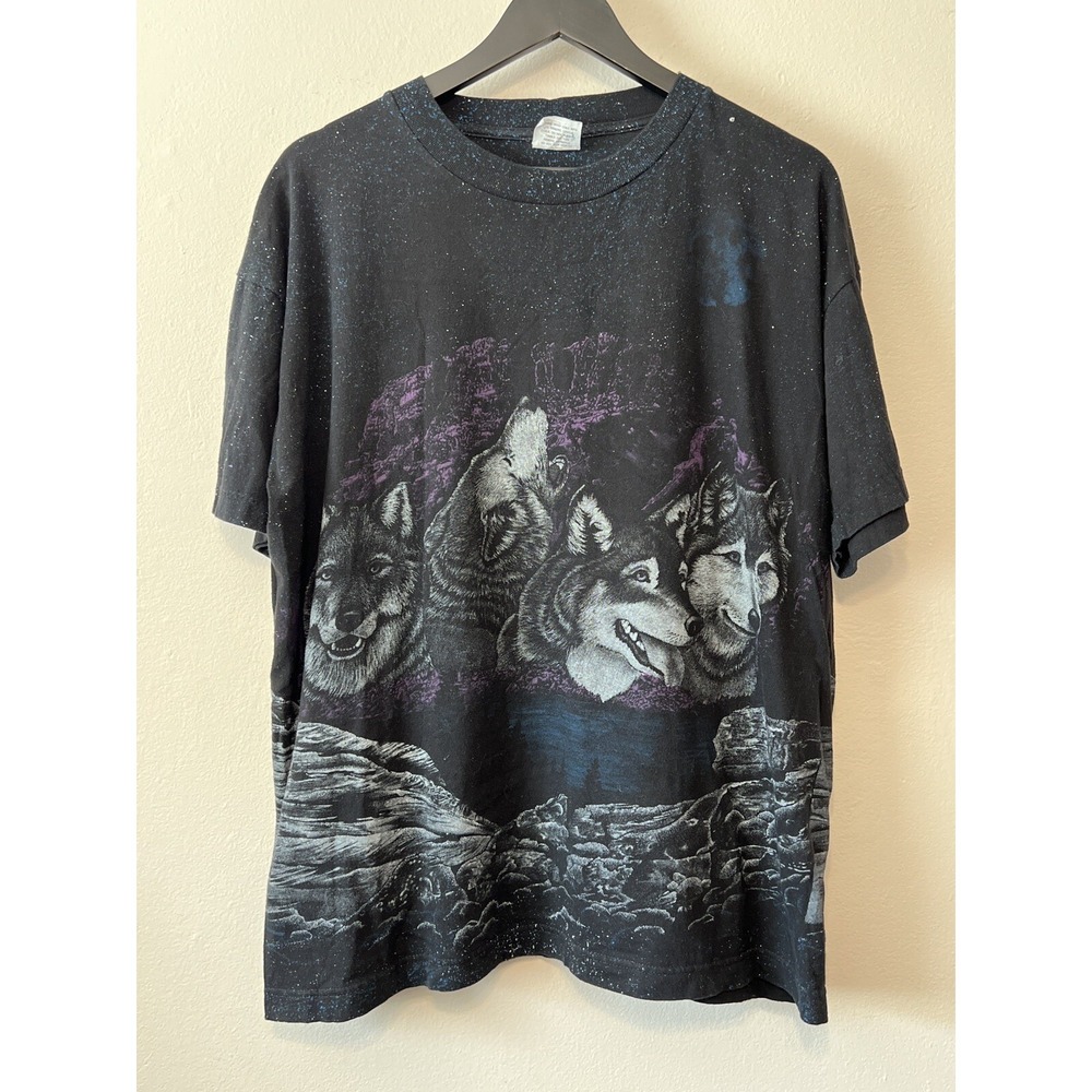 Vintage 90s Wolf Pack All Over Print T Shirt Nature Moon AOP Fade Black XL